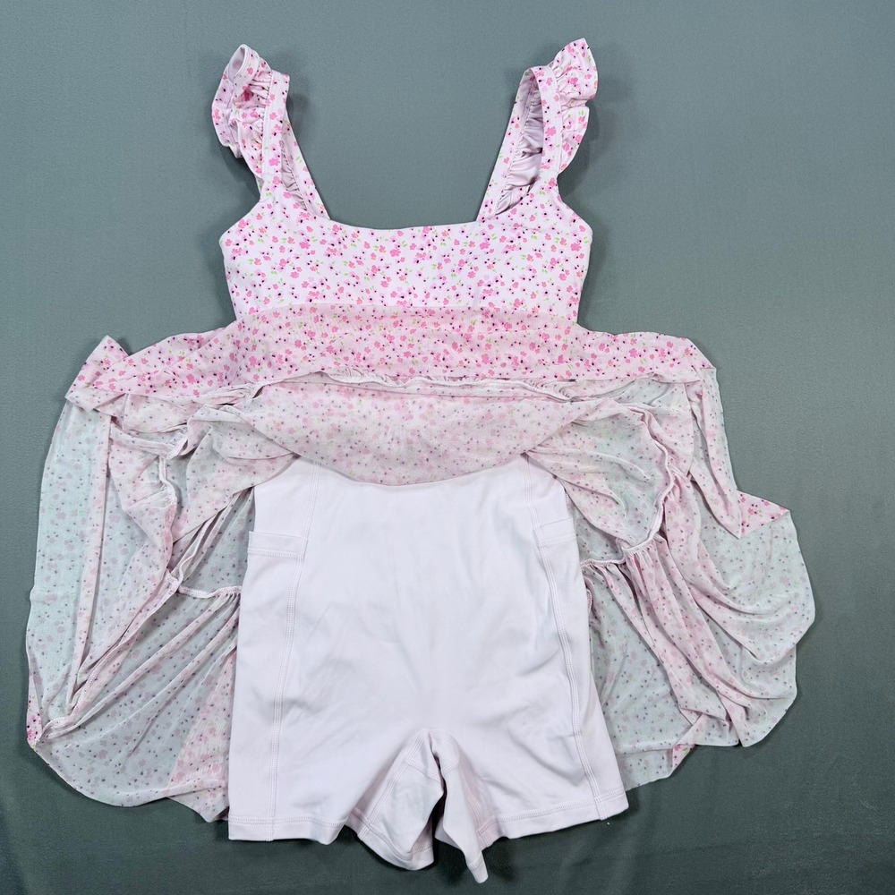 Blogilates Womens XS Pink Floral Recycled Poly Mesh Tiered Active Mini Dress - Picture 3 of 7